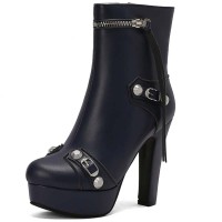 Round Toe Cuban Heels Side Zipper Ankle Highs Rivets Low Platforms Boots - Blue Faux Leather