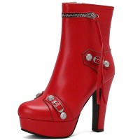Round Toe Cuban Heels Side Zipper Ankle Highs Rivets Low Platforms Boots - Red Faux Leather