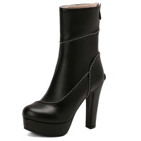 Round Toe Cuban Heels Sexy Decorated Zipper Low Platforms Boots - Black Faux Leather