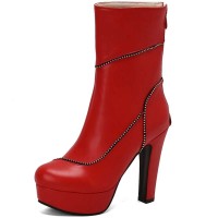 Round Toe Cuban Heels Sexy Decorated Zipper Low Platforms Boots - Red Faux Leather