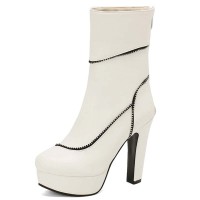 Round Toe Cuban Heels Sexy Decorated Zipper Low Platforms Boots - White Faux Leather