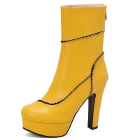 Round Toe Cuban Heels Sexy Decorated Zipper Low Platforms Boots - Yellow Faux Leather