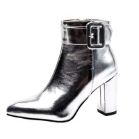Pointed Toe Square Buckle Side Zipper Ankle Highs Chunky Heels Boots - Silver Faux Leather
