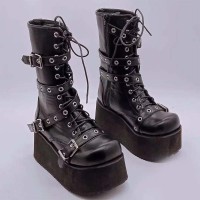 Round Toe Buckle Straps Lace Up Platforms Punk Goth Wedges Ankle Highs Boots - Black Faux Leather