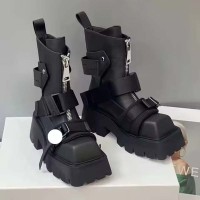 Square Toe Low Chunky Heels Motorcycle Steampunk Costumes Style Front Zipper Belt Buckle Chelsea Boots - Black Faux Leather