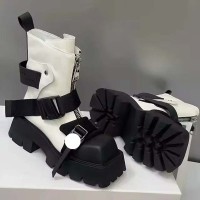 Square Toe Low Chunky Heels Motorcycle Steampunk Costumes Style Front Zipper Belt Buckle Chelsea Boots - White Faux Leather