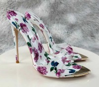 Gold Lipped Summer Pointed Toe Stiletto Slippers - Purple Flowers on White