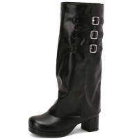 Round Toe Chunky Heels Knee Highs Turned-over Edge Winter Boots - Black Faux Leather