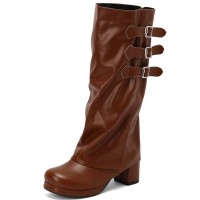 Round Toe Chunky Heels Knee Highs Turned-over Edge Winter Boots - Brown Faux Leather