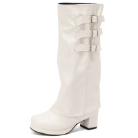 Round Toe Chunky Heels Knee Highs Turned-over Edge Winter Boots - White Faux Leather