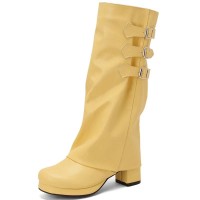 Round Toe Chunky Heels Knee Highs Turned-over Edge Winter Boots - Yellow Faux Leather