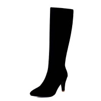 Pointed Toe Side Zipper Low Stilettos Knee Highs Autumn Boots - Black Flock