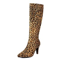 Pointed Toe Side Zipper Low Stilettos Knee Highs Autumn Boots - Leopard Tan Flock