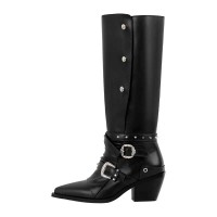 Pointed Toe Black Buckle Block Heel Knee High Motorcycle Biker Gothic Punk Boots - Black Faux Leather