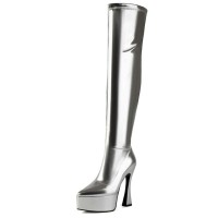 Pointed Toe Curved Block Heels Zipper Over The Knee Thigh High Platforms Boots - Silver Faux Leather