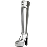 Pointed Toe Block Heels Zipper Over The Knee Thigh High Double Platforms Boots - Silver Faux Leather