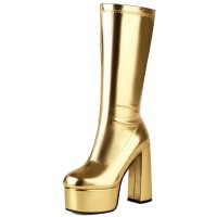 Round Toe Chunky Heels Side Zipper Knee Highs Platforms Boots - Gold Faux Leather