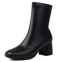 Round Toe Chunky Heels Pull On Ankle Highs Boots - Black Faux Leather