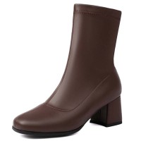 Round Toe Chunky Heels Pull On Ankle Highs Boots - Brown Faux Leather