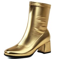Round Toe Chunky Heels Pull On Ankle Highs Boots - Gold Faux Leather