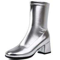 Round Toe Chunky Heels Pull On Ankle Highs Boots - Silver Faux Leather