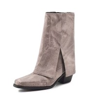 Pointed Toe Flip Up Western Styile Plush Lining Knee High Chunky Heels Boots - Apricot Tan Denim