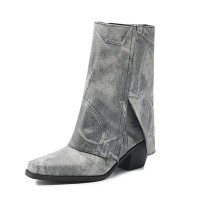 Pointed Toe Flip Up Western Styile Plush Lining Knee High Chunky Heels Boots - Gray Denim