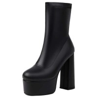Round Toe Chunky Heels Platforms Pull On Ankle Highs Boots - Black Faux Leather