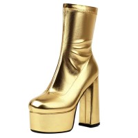 Round Toe Chunky Heels Platforms Pull On Ankle Highs Boots - Gold Faux Leather
