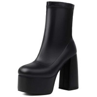 Round Toe Chunky Heels Platforms Pull On Ankle Highs Boots - Black Faux Leather