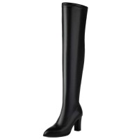 Pointed Toe Chunky Heels Zipper Over The Knee Thigh High Boots - Black Faux Leather