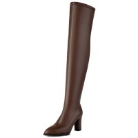 Pointed Toe Chunky Heels Zipper Over The Knee Thigh High Boots - Brown Faux Leather