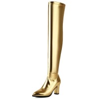 Pointed Toe Chunky Heels Zipper Over The Knee Thigh High Boots - Gold Faux Leather