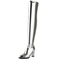 Pointed Toe Chunky Heels Zipper Over The Knee Thigh High Boots - Silver Faux Leather