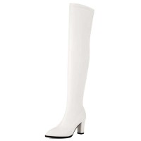 Pointed Toe Chunky Heels Zipper Over The Knee Thigh High Boots - White Faux Leather