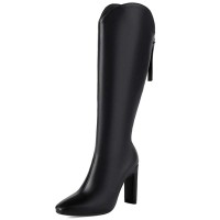 Pointed Toe Chunky Heels Back Zipper Knee Highs Boots - Black Faux Leather