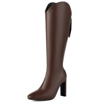 Pointed Toe Chunky Heels Back Zipper Knee Highs Boots - Brown Faux Leather
