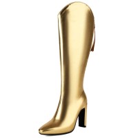 Pointed Toe Chunky Heels Back Zipper Knee Highs Boots - Gold Faux Leather