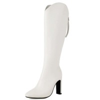 Pointed Toe Chunky Heels Back Zipper Knee Highs Boots - White Faux Leather