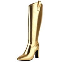 Pointed Toe Chunky Heels Side Zipper Knee Highs Boots - Gold Faux Leather