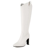 Pointed Toe Chunky Heels Side Zipper Knee Highs Boots - White Faux Leather
