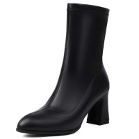 Pointed Toe Chunky Heels Pull On Ankle Highs Boots - Black Faux Leather