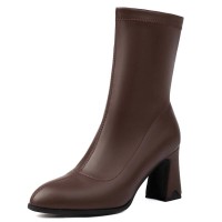 Pointed Toe Chunky Heels Pull On Ankle Highs Boots - Brown Faux Leather