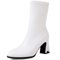 Pointed Toe Chunky Heels Pull On Ankle Highs Boots - White Faux Leather