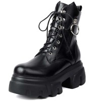 Round Toe Chunky Heels Platforms Lace Up Side Zipper Ankle Highs Boots - Black Faux Leather