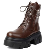 Round Toe Chunky Heels Platforms Lace Up Side Zipper Ankle Highs Boots - Brown Faux Leather