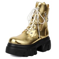 Round Toe Chunky Heels Platforms Lace Up Side Zipper Ankle Highs Boots - Gold Faux Leather