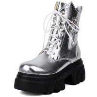 Round Toe Chunky Heels Platforms Lace Up Side Zipper Ankle Highs Boots - Silver Faux Leather