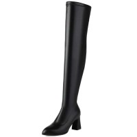 Pointed Toe Chunky Heels Zipper Over The Knee Thigh High Boots - Black Faux Leather