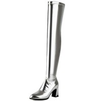 Pointed Toe Chunky Heels Zipper Over The Knee Thigh High Boots - Silver Faux Leather
